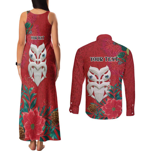 Maori Wheku Meri Kirihimete Personalised Couples Matching Tank Maxi Dress and Long Sleeve Button Shirt All Red Indigenous Maori Motif - Aussie Hoodie