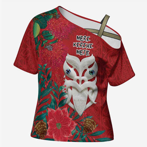 Maori Wheku Meri Kirihimete Personalised Cross Shoulder Shirt All Red Indigenous Maori Motif - Aussie Hoodie