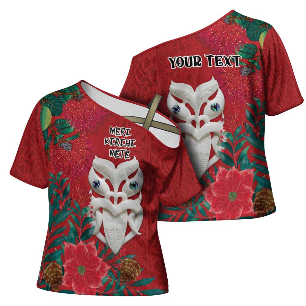 Maori Wheku Meri Kirihimete Personalised Cross Shoulder Shirt All Red Indigenous Maori Motif - Aussie Hoodie