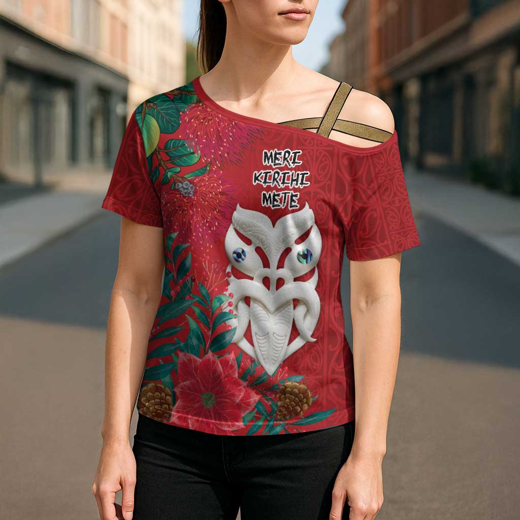 Maori Wheku Meri Kirihimete Personalised Cross Shoulder Shirt All Red Indigenous Maori Motif - Aussie Hoodie