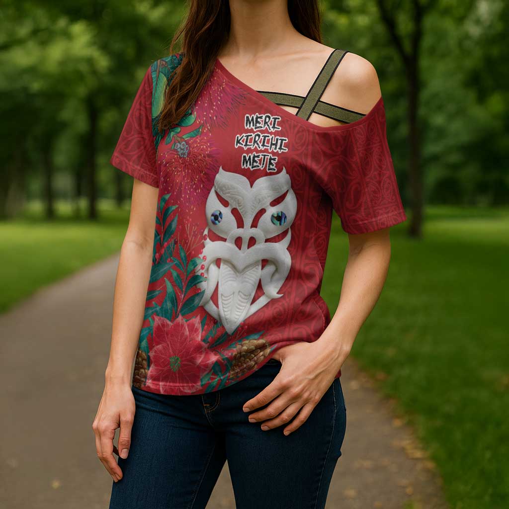 Maori Wheku Meri Kirihimete Personalised Cross Shoulder Shirt All Red Indigenous Maori Motif - Aussie Hoodie