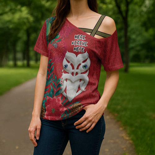 Maori Wheku Meri Kirihimete Personalised Cross Shoulder Shirt All Red Indigenous Maori Motif - Aussie Hoodie