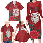 Maori Wheku Meri Kirihimete Personalised Family Matching Long Sleeve Bodycon Dress and Hawaiian Shirt All Red Indigenous Maori Motif - Aussie Hoodie