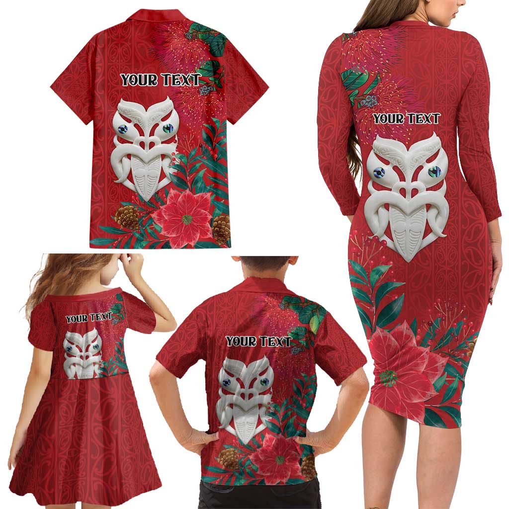 Maori Wheku Meri Kirihimete Personalised Family Matching Long Sleeve Bodycon Dress and Hawaiian Shirt All Red Indigenous Maori Motif - Aussie Hoodie