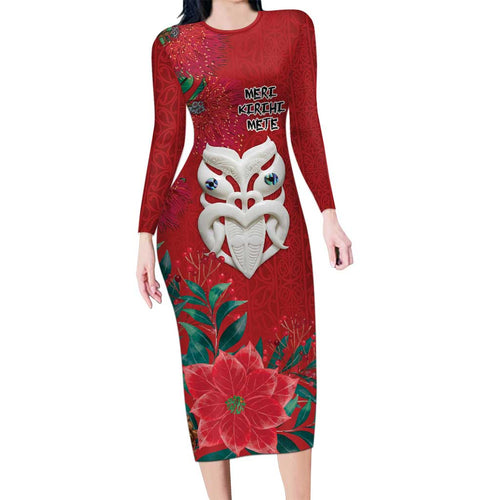Maori Wheku Meri Kirihimete Personalised Family Matching Long Sleeve Bodycon Dress and Hawaiian Shirt All Red Indigenous Maori Motif - Aussie Hoodie