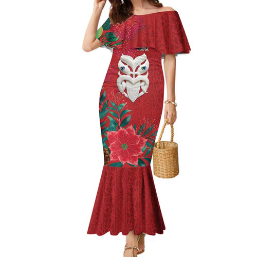 Maori Wheku Meri Kirihimete Personalised Family Matching Mermaid Dress and Hawaiian Shirt All Red Indigenous Maori Motif - Aussie Hoodie