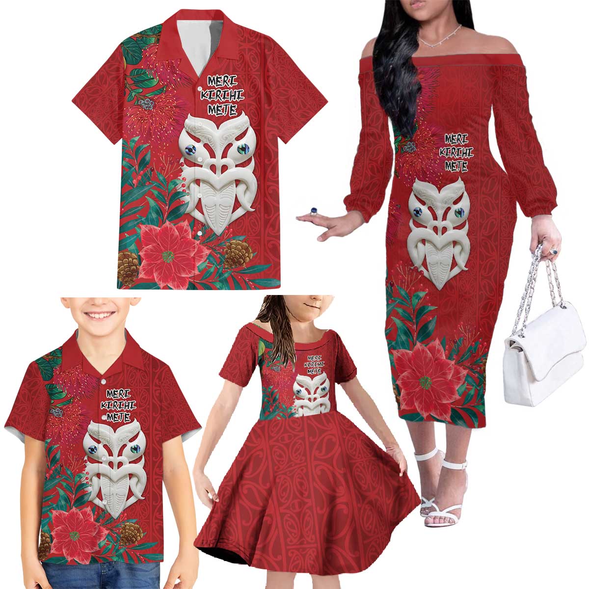 Maori Wheku Meri Kirihimete Personalised Family Matching Off The Shoulder Long Sleeve Dress and Hawaiian Shirt All Red Indigenous Maori Motif - Aussie Hoodie