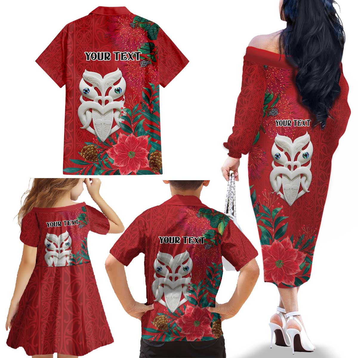 Maori Wheku Meri Kirihimete Personalised Family Matching Off The Shoulder Long Sleeve Dress and Hawaiian Shirt All Red Indigenous Maori Motif - Aussie Hoodie