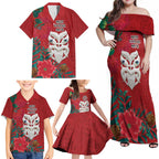 Maori Wheku Meri Kirihimete Personalised Family Matching Off Shoulder Maxi Dress and Hawaiian Shirt All Red Indigenous Maori Motif - Aussie Hoodie