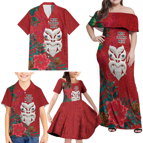 Maori Wheku Meri Kirihimete Personalised Family Matching Off Shoulder Maxi Dress and Hawaiian Shirt All Red Indigenous Maori Motif - Aussie Hoodie