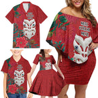 Maori Wheku Meri Kirihimete Personalised Family Matching Off Shoulder Short Dress and Hawaiian Shirt All Red Indigenous Maori Motif - Aussie Hoodie