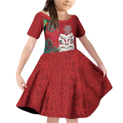 Maori Wheku Meri Kirihimete Personalised Family Matching Off Shoulder Short Dress and Hawaiian Shirt All Red Indigenous Maori Motif - Aussie Hoodie