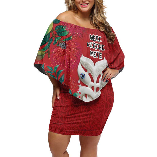 Maori Wheku Meri Kirihimete Personalised Family Matching Off Shoulder Short Dress and Hawaiian Shirt All Red Indigenous Maori Motif - Aussie Hoodie
