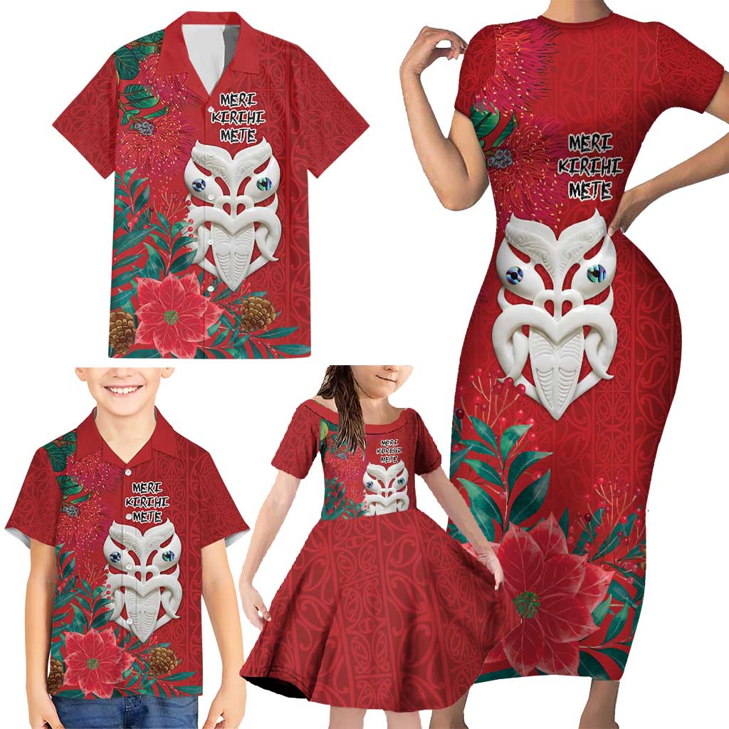 Maori Wheku Meri Kirihimete Personalised Family Matching Short Sleeve Bodycon Dress and Hawaiian Shirt All Red Indigenous Maori Motif - Aussie Hoodie
