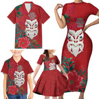 Maori Wheku Meri Kirihimete Personalised Family Matching Short Sleeve Bodycon Dress and Hawaiian Shirt All Red Indigenous Maori Motif - Aussie Hoodie