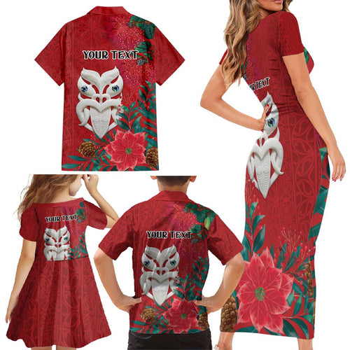 Maori Wheku Meri Kirihimete Personalised Family Matching Short Sleeve Bodycon Dress and Hawaiian Shirt All Red Indigenous Maori Motif - Aussie Hoodie