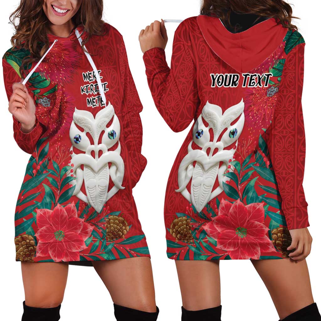 Maori Wheku Meri Kirihimete Personalised Hoodie Dress All Red Indigenous Maori Motif - Aussie Hoodie