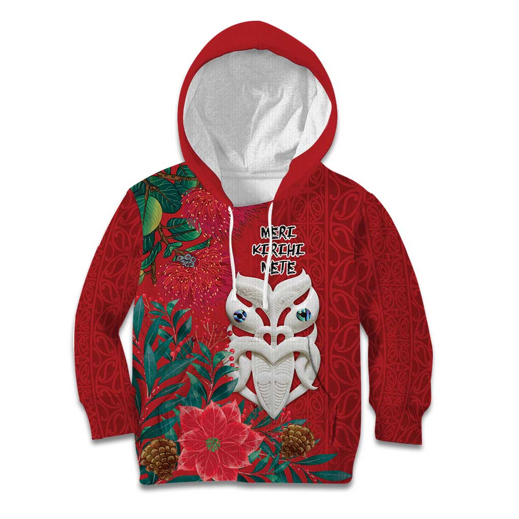 Maori Wheku Meri Kirihimete Personalised Kid Hoodie All Red Indigenous Maori Motif - Aussie Hoodie