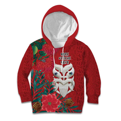 Maori Wheku Meri Kirihimete Personalised Kid Hoodie All Red Indigenous Maori Motif - Aussie Hoodie
