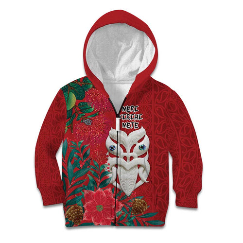 Maori Wheku Meri Kirihimete Personalised Kid Hoodie All Red Indigenous Maori Motif - Aussie Hoodie