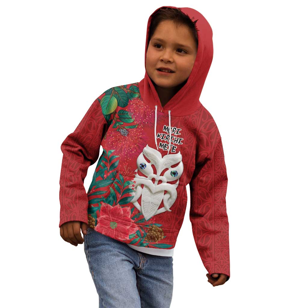Maori Wheku Meri Kirihimete Personalised Kid Hoodie All Red Indigenous Maori Motif - Aussie Hoodie
