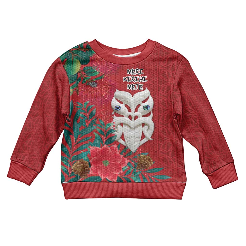 Maori Wheku Meri Kirihimete Personalised Kid Ugly Christmas Sweater All Red Indigenous Maori Motif - Aussie Hoodie