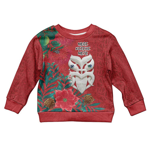 Maori Wheku Meri Kirihimete Personalised Kid Ugly Christmas Sweater All Red Indigenous Maori Motif - Aussie Hoodie