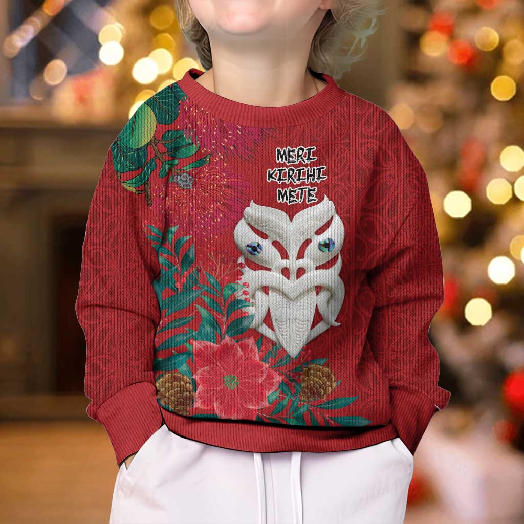 Maori Wheku Meri Kirihimete Personalised Kid Ugly Christmas Sweater All Red Indigenous Maori Motif - Aussie Hoodie