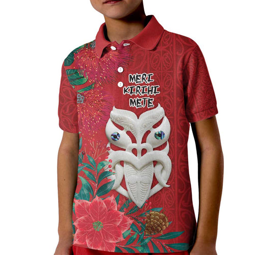 Maori Wheku Meri Kirihimete Personalised Kid Polo Shirt All Red Indigenous Maori Motif - Aussie Hoodie