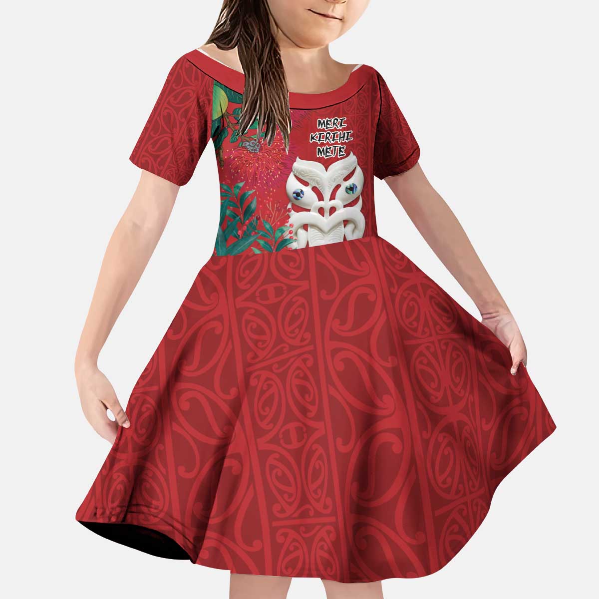 Maori Wheku Meri Kirihimete Personalised Kid Short Sleeve Dress All Red Indigenous Maori Motif - Aussie Hoodie