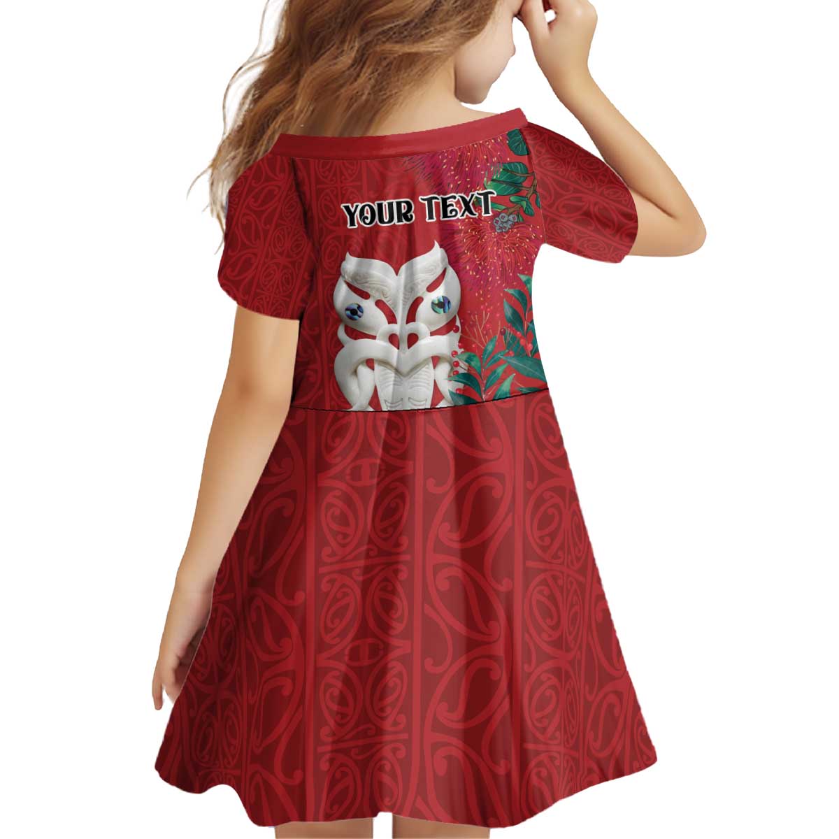 Maori Wheku Meri Kirihimete Personalised Kid Short Sleeve Dress All Red Indigenous Maori Motif - Aussie Hoodie