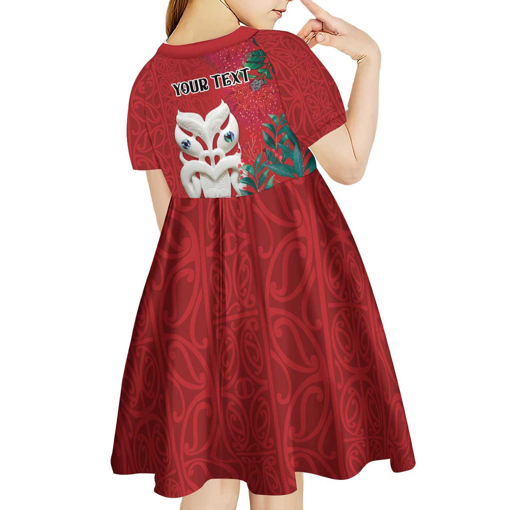 Maori Wheku Meri Kirihimete Personalised Kid Short Sleeve Dress All Red Indigenous Maori Motif - Aussie Hoodie