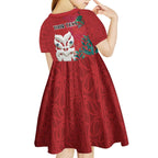 Maori Wheku Meri Kirihimete Personalised Kid Short Sleeve Dress All Red Indigenous Maori Motif - Aussie Hoodie