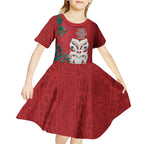 Maori Wheku Meri Kirihimete Personalised Kid Short Sleeve Dress All Red Indigenous Maori Motif - Aussie Hoodie