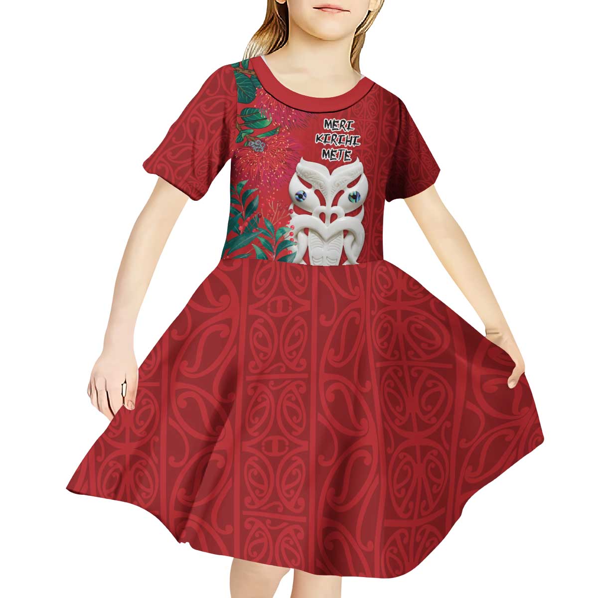 Maori Wheku Meri Kirihimete Personalised Kid Short Sleeve Dress All Red Indigenous Maori Motif - Aussie Hoodie