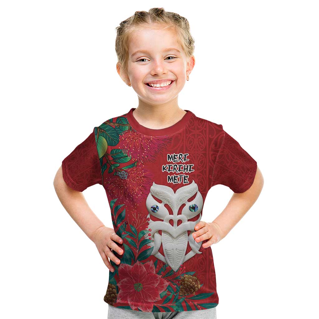 Maori Wheku Meri Kirihimete Personalised Kid T Shirt All Red Indigenous Maori Motif - Aussie Hoodie