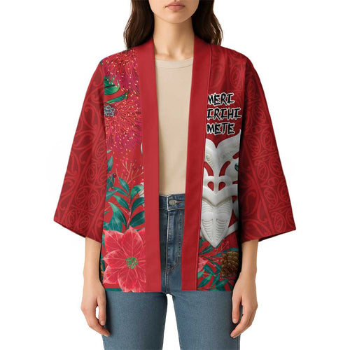 Maori Wheku Meri Kirihimete Personalised Kimono All Red Indigenous Maori Motif - Aussie Hoodie