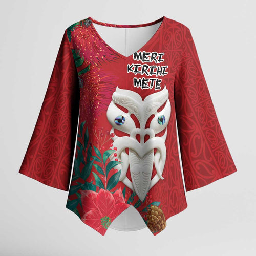 Maori Wheku Meri Kirihimete Personalised Kimono Sleeve Blouse All Red Indigenous Maori Motif - Aussie Hoodie