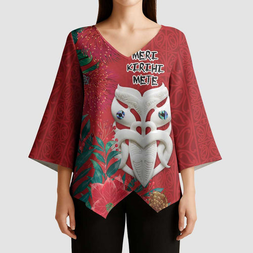Maori Wheku Meri Kirihimete Personalised Kimono Sleeve Blouse All Red Indigenous Maori Motif - Aussie Hoodie