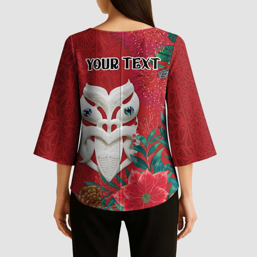 Maori Wheku Meri Kirihimete Personalised Kimono Sleeve Blouse All Red Indigenous Maori Motif - Aussie Hoodie