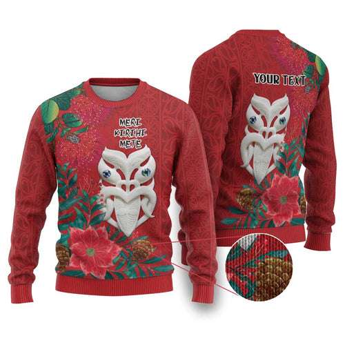 Maori Wheku Meri Kirihimete Personalised Ugly Christmas Sweater All Red Indigenous Maori Motif - Aussie Hoodie