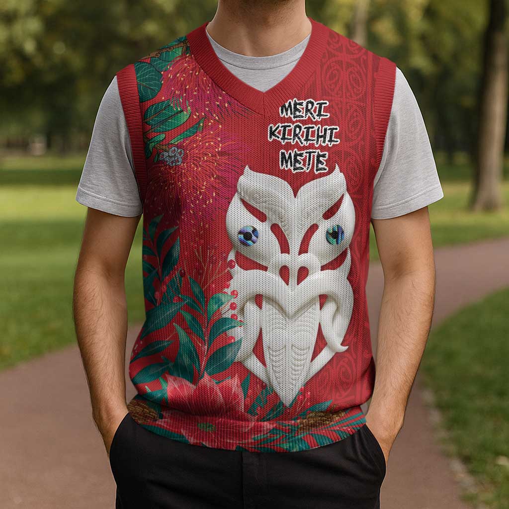 Maori Wheku Meri Kirihimete Personalised Christmas Knitted V-Neck Vest All Red Indigenous Maori Motif - Aussie Hoodie