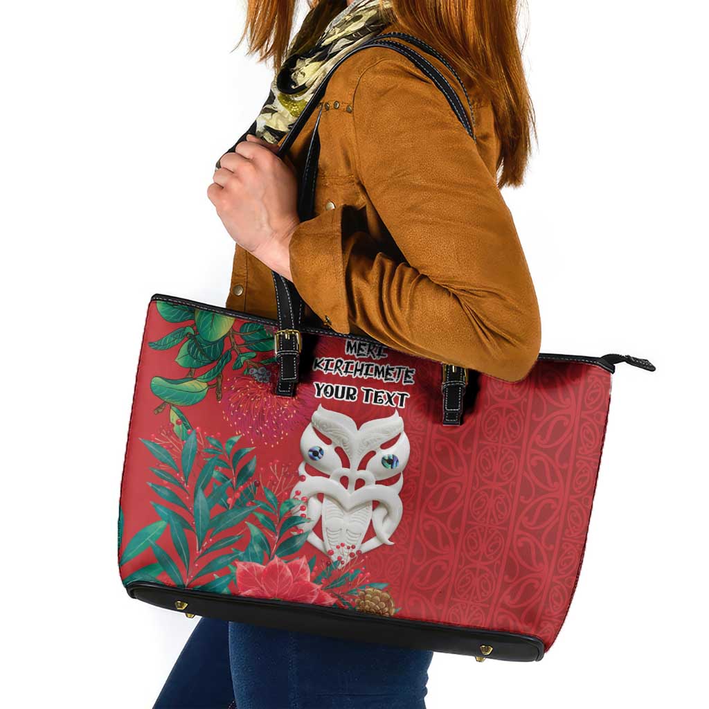 Maori Wheku Meri Kirihimete Personalised Leather Tote Bag All Red Indigenous Maori Motif - Aussie Hoodie