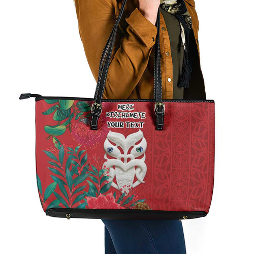 Maori Wheku Meri Kirihimete Personalised Leather Tote Bag All Red Indigenous Maori Motif - Aussie Hoodie