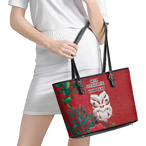 Maori Wheku Meri Kirihimete Personalised Leather Tote Bag All Red Indigenous Maori Motif - Aussie Hoodie