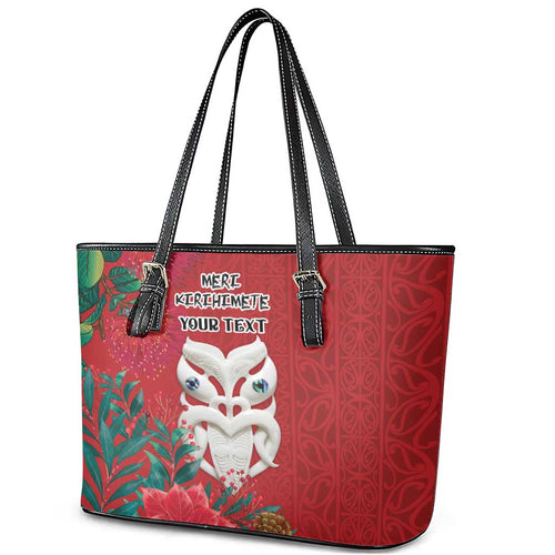 Maori Wheku Meri Kirihimete Personalised Leather Tote Bag All Red Indigenous Maori Motif - Aussie Hoodie