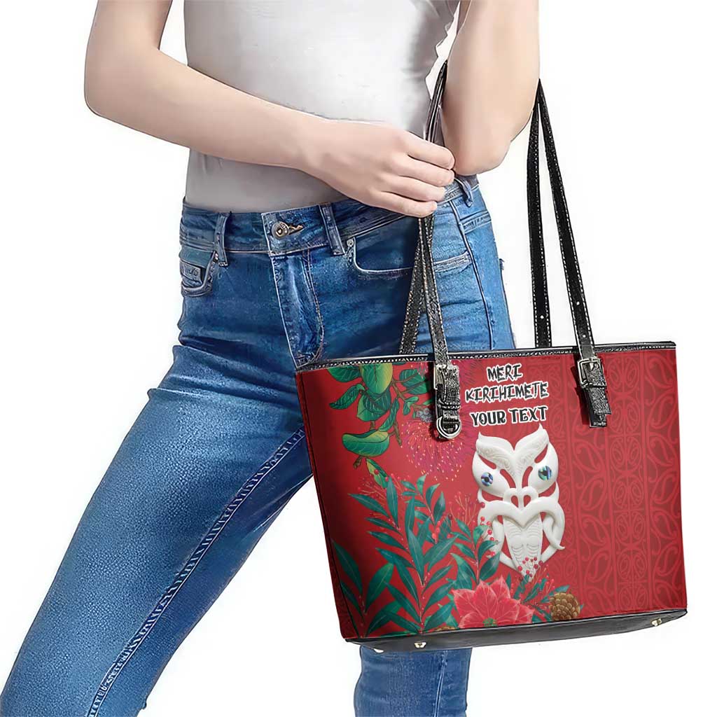 Maori Wheku Meri Kirihimete Personalised Leather Tote Bag All Red Indigenous Maori Motif - Aussie Hoodie
