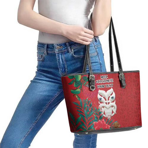 Maori Wheku Meri Kirihimete Personalised Leather Tote Bag All Red Indigenous Maori Motif - Aussie Hoodie