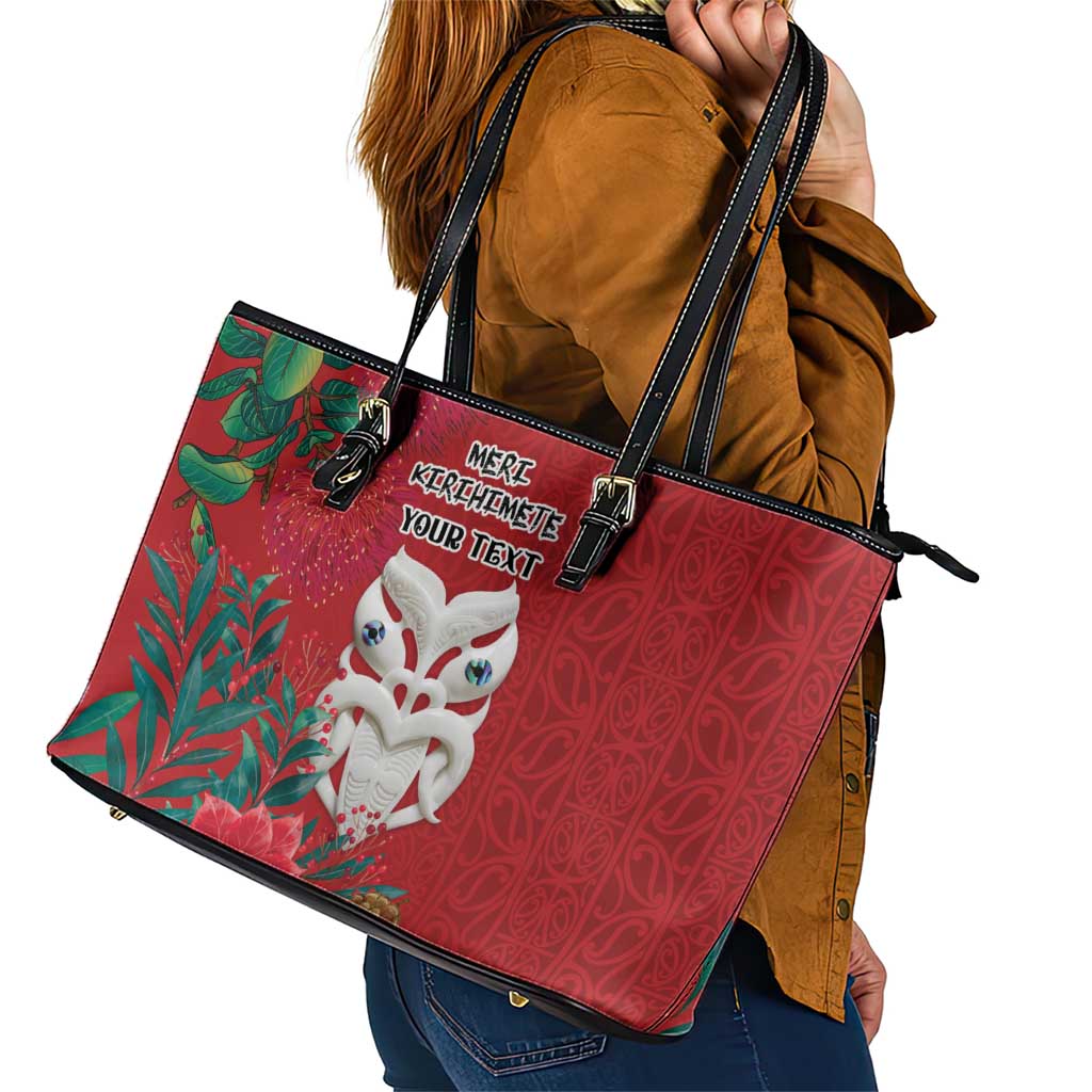 Maori Wheku Meri Kirihimete Personalised Leather Tote Bag All Red Indigenous Maori Motif - Aussie Hoodie