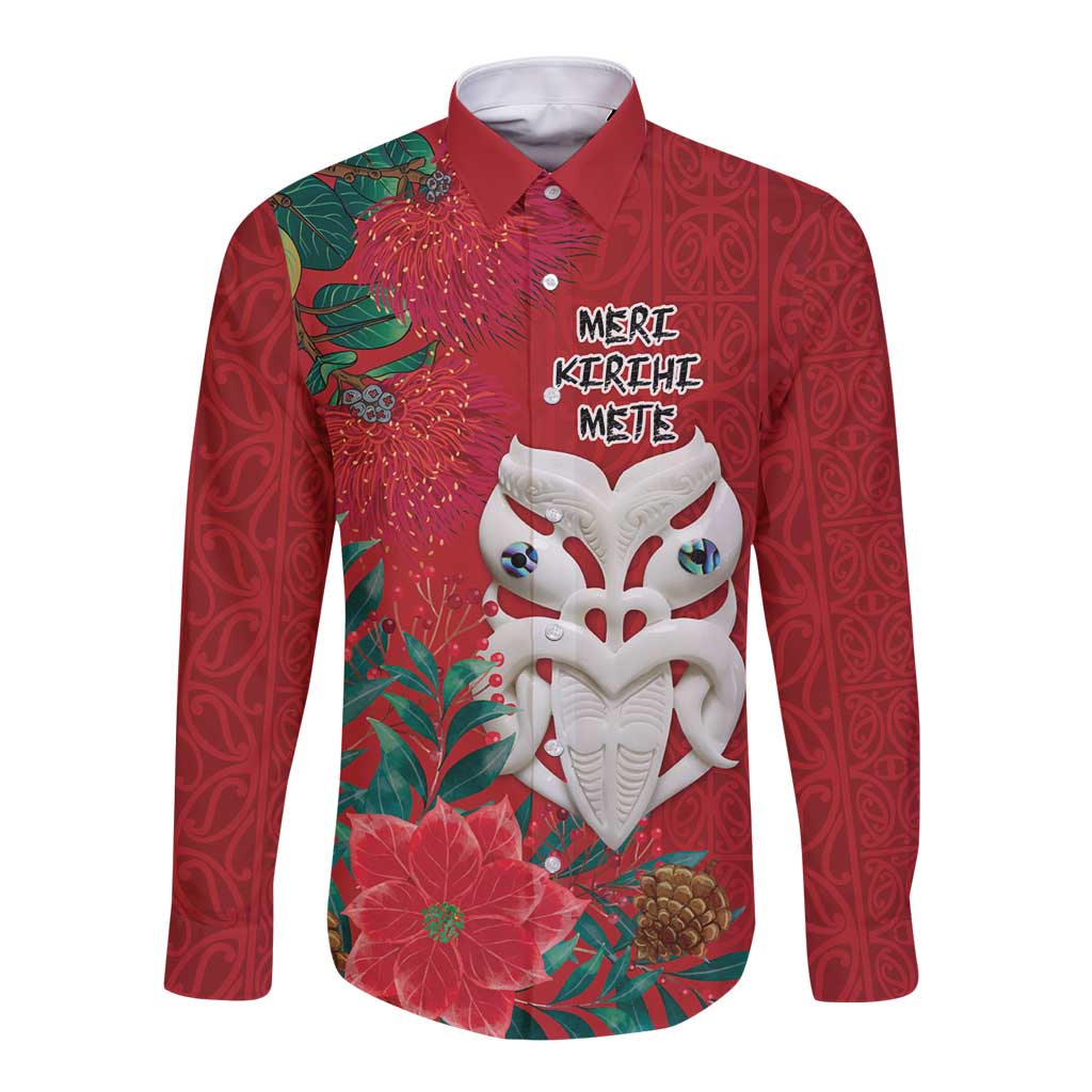 Maori Wheku Meri Kirihimete Personalised Long Sleeve Button Shirt All Red Indigenous Maori Motif - Aussie Hoodie